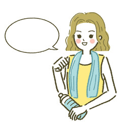 フィットネストレーニングのイラスト素材 トレーニング後の若い女性 吹き出し付き