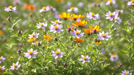 Wildflowers in a Meadow: A Mix of Purple and Orange Blooms. Yellow. Purple. Flowers. Nature. Summer. Colorful. Landscape. Green. Flora. 