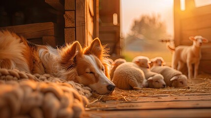 Dog sleeping in a rustic barn with baby lambs during sunset, creating a warm and serene countryside atmosphere.