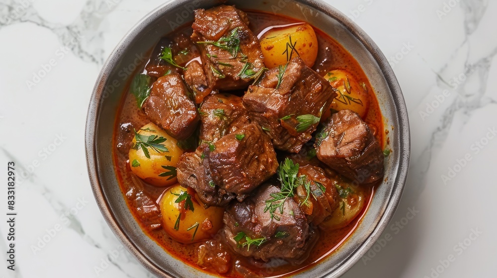 Wall mural A bowl of stew with meat and potatoes