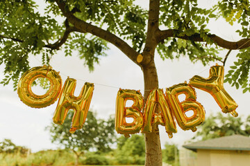 Oh Baby Gender Reveal gold foil balloons hanging in tree