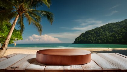 Obraz premium Tropical Paradise: Summer Products on Wooden Display Stand