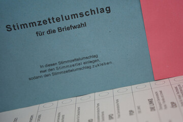 Close-up of a German ‘Briefwahl’ ballot envelope with instructions, representing the democratic...