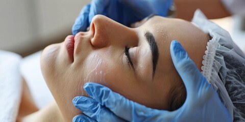 Naklejka premium Beauty Concept, a close-up photo of the face and neck, shows an attractive woman receiving hyaluronic acid treatment at a beauty salon. The patient lay on a white table with his eyes closed. She wore 