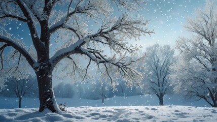 Winter background with snow covered tree branches and falling snowflakes