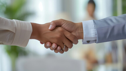 A firm handshake between a businessman and businesswoman seals a multi-million dollar deal.