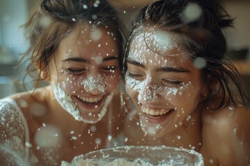 Close-up of two women, partners in life, engaging in a playful baking session at home. Flour dusts their faces and hands as they laugh and share sweet moments. The scene captures the joy of shared