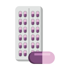 A flat illustration with a package of tablets. Blister with pills and capsules.