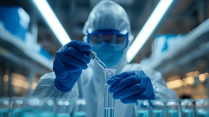 A scientist in PPE holds a syringe and examines for a vaccine. There are several tubes on the table.
