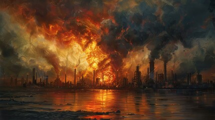 Apocalyptic vision of a fiery explosion at an oil refinery
