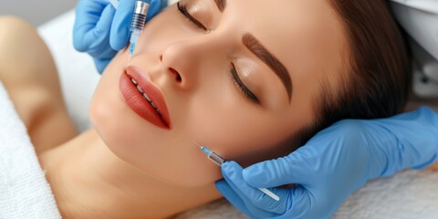 Beauty Concept, a close-up photo of the face and neck, shows an attractive woman receiving hyaluronic acid treatment at a beauty salon. The patient lay on a white table with his eyes closed. She wore 