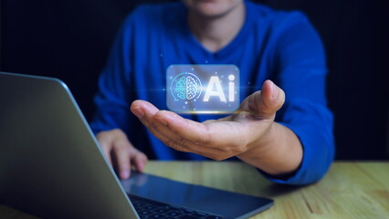 Ai technology, Artificial Intelligence. man using technology smart robot AI, artificial intelligence by enter command prompt for generates something, Futuristic technology transformation. Chat with AI