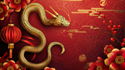 Fototapeta premium Elegant golden snake background for Chinese New Year 2025 with traditional oriental design. Noble gold and refined wallpaper patterns create an atmosphere of dignity and wealth.