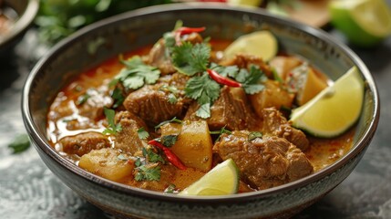 A bowl of beef stew with carrots and limes