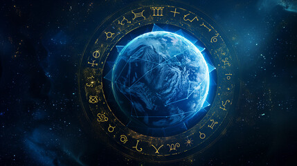 Planet Earth surrounded by zodiac symbols and astrology symbols. These mystical symbols surround our planet, creating a mysterious and magical atmosphere.