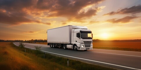 Overtaking trucks on an asphalt road in a rural landscape at sunset