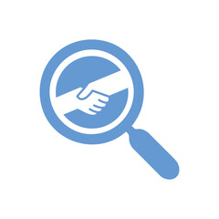 This is a flat icon of a magnifying glass with an image of handshaking in the middle in soft blue color