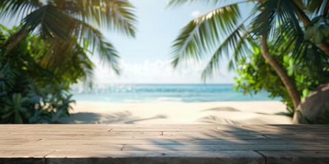 Fototapeta premium empty wooden table top and beach ocean sea background with palm leaves, dais podium tabletop for summer product display