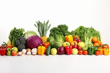 Composition of fruits and vegetables isolated on white background. Nice wide frame with free space for text. Collage