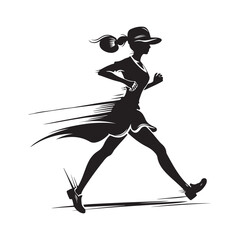 Girl running in a hat and dress, silhouette, retro, Stock Vector isolated on white