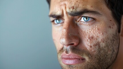 Obraz premium Close-up of a man dealing with a face skin issue, such as eczema, on a light grey background