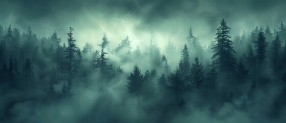 Foggy woods with dark clouds, lightning, and thunder, spooky trees, perfect horror setting