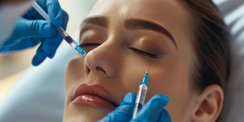 Beauty Concept, a close-up photo of the face and neck, shows an attractive woman receiving hyaluronic acid treatment at a beauty salon. The patient lay on a white table with his eyes closed. She wore 