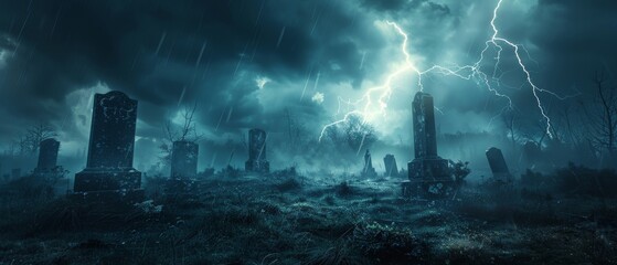 Foggy graveyard with dark clouds, lightning, and thunder, ominous tombstones, horror movie atmosphere