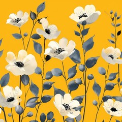 Naklejka premium Elegant Black and White Floral Pattern on Yellow Background: Sophisticated Botanical Design