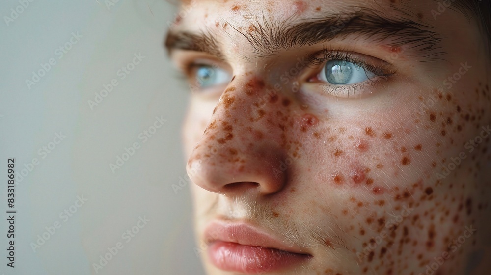 Wall mural Close-up of a man with acne, applying treatment, on a white background