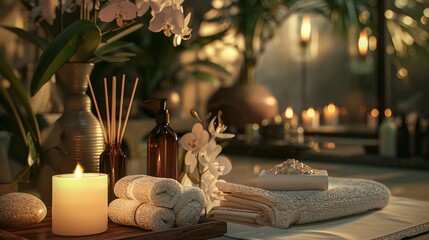 An elegant spa setup with candles, towels, orchids, and aroma sticks