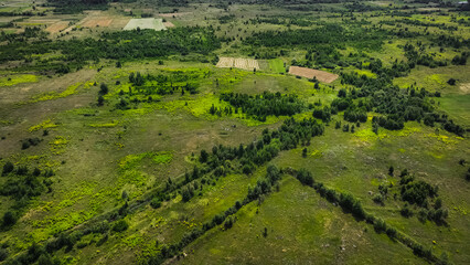 aerial panorama of country side green useless wasteland valley of grass and trees without any people or animal but suitable for agriculture or construction activity