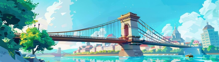 Naklejka premium City Bridge front view architectural structure theme cartoon drawing Analogous Color Scheme