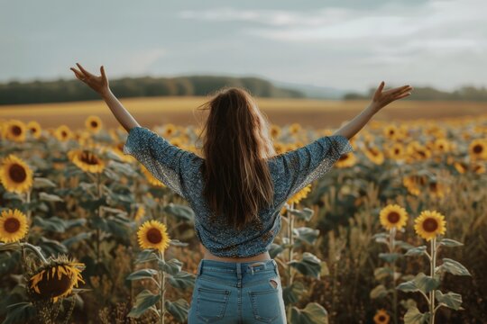 A young woman standing in a field of sunflowers