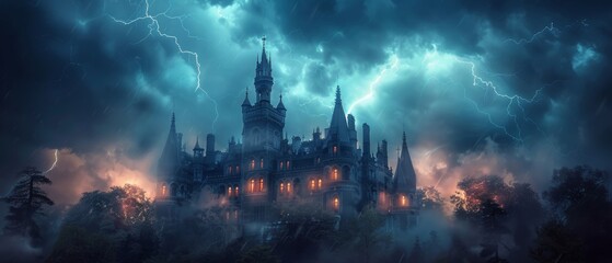 Eerie castle with dark clouds, lightning, and thunder, perfect horror movie setting, ominous atmosphere