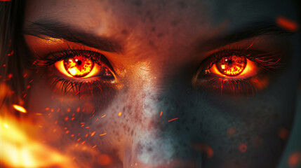 Naklejka premium Enter a mesmerizing realm through the infernal portal in a woman's eyes, a surreal and photorealistic composition without people or text, embodying an eerie and mysterious atmosphere. AI generative