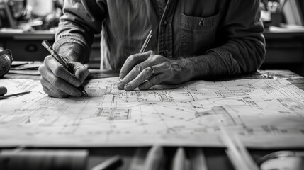 Architecture startup drawing , An architect's hands fervently sketching the blueprint of a future creation at his desk