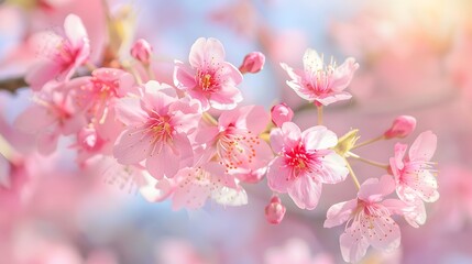 Fototapeta premium A close-up view of beautiful pink cherry blossoms in full bloom against a clear blue sky, symbolizing spring and renewal.