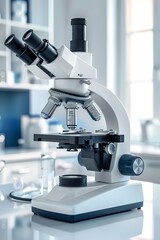 An microscope stands at the ready in a pristine, high-tech scientific laboratory 