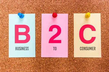 Conceptual 3 letters keyword B2C (Business-to-Consumer), on multicolored stickers attached to a...
