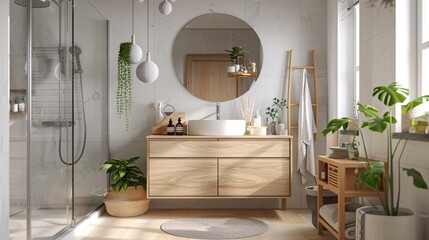 A Scandinavian-inspired bathroom with light wood finishes, white walls, and minimalist decor. The design includes a simple vanity with a round mirror, a walk-in shower with clear glass doors