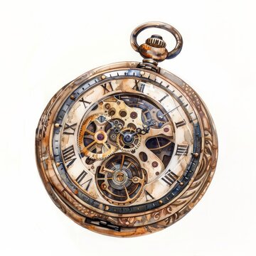 recommend clip art: Watercolor painting of a vintage pocket watch with intricate gears and a circular face, showing the passage of time, on isolated white background, Generative AI