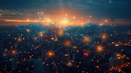 Urban Technological Connectivity, Global Network Nodes Overlaying World Map on Cityscape Background