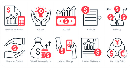 A set of 10 banking icons as income statement, solution, accural