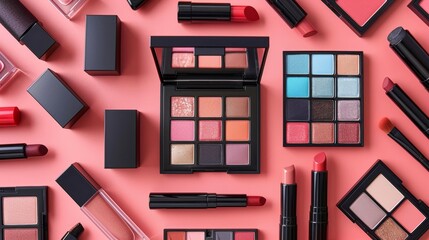 Compact makeup items flat lay, curated for travel, featuring palettes, lipsticks, and brushes, ideal for onthego beauty enthusiasts