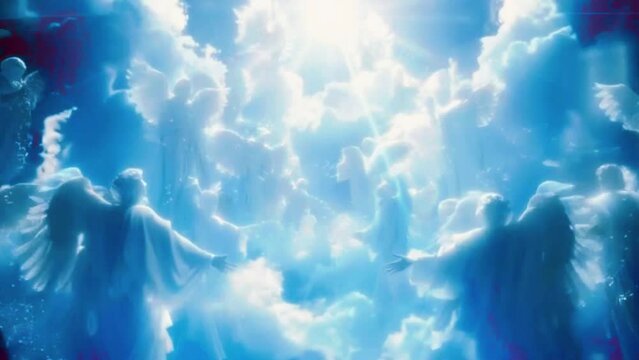 Heavenly beings surrounding the scene, serving as messengers of God's will and agents of divine protection, 4K High-Quality Animation Video