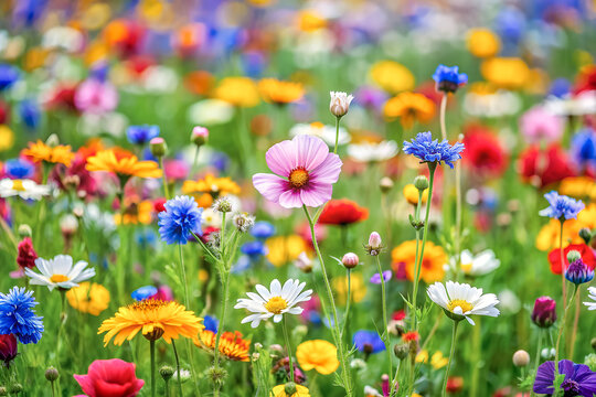 A close-up of colorful meadow flowers in a forest clearing.