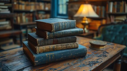 A close-up shot of an antique wooden table with a pile of old, weathered books and a vintage lamp, set against a blurry backdrop of a cozy, book-filled room.