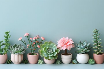 Border of various type of succulent cactus plants on pastel background. Frame made of colorful  succulents. Banner for plant shop, swap party. Home  mini garden. Flat lay, top view,  with copy space.