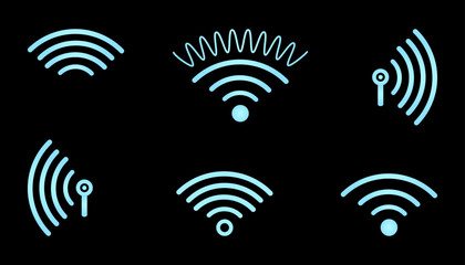 Wi-Fi Blue Wireless signal. Sensor Symbol of neon glow effect. Icon Set of Wireless sound wave. Technology Internet router, Sonar sound. Vector isolated illustration.